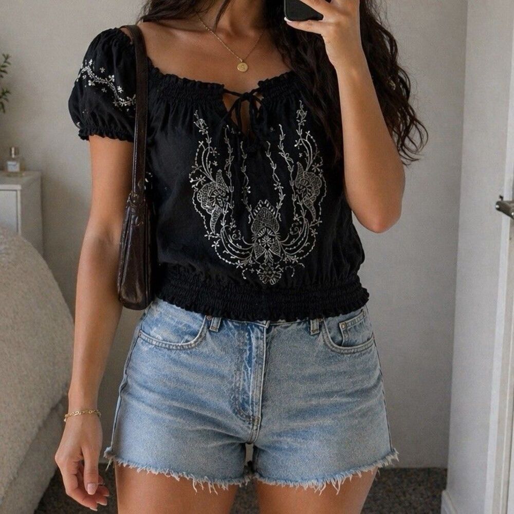 PASSION Women's Black Embroidered Ruffle 100% Cotton V-Neck Peasant Blouse L